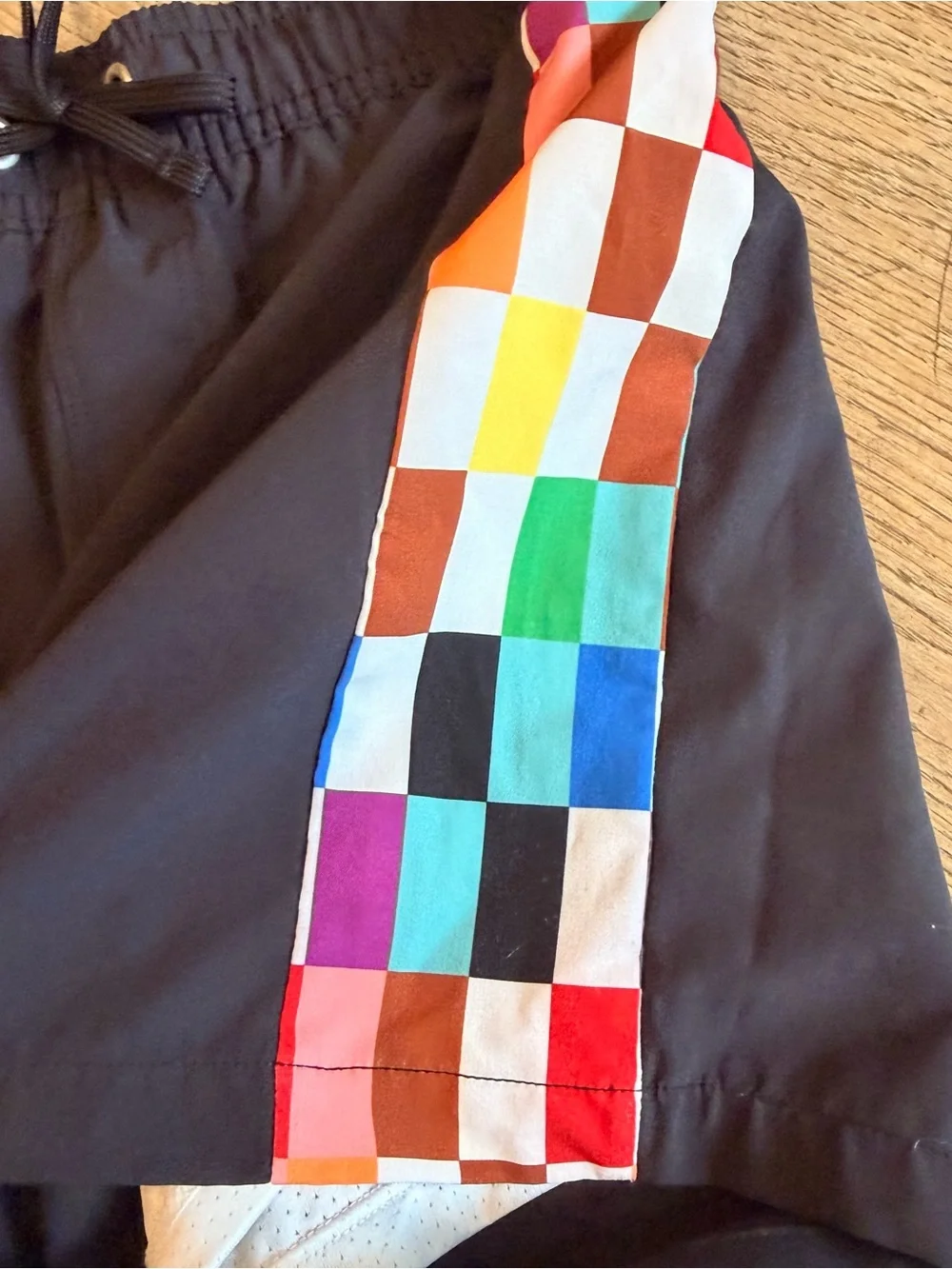 Kids Black Swim Trunks with rainbow Colorblock Check Side Panels